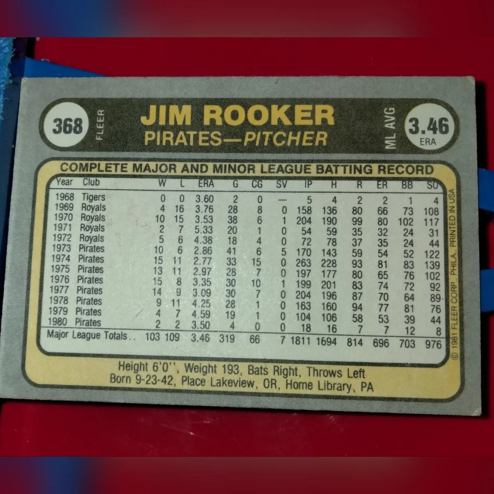 Jim Rooker 1981 Fleer card - Picture 3 of 3